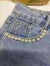 芭芙達妮甜辣chic牛仔短褲女夏季高腰顯瘦闊腿A字百搭小個(gè)子釘珠花邊熱褲 淺藍色 M 曬單實(shí)拍圖
