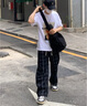 FOG SKY休閑褲男美式格子衛褲男春秋季闊腿長(cháng)褲復古運動(dòng)褲潮流直筒褲子男 BGM-HK24884黑色 L （建議110-130斤） 曬單實(shí)拍圖