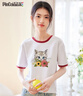 品彩（PinCai）短袖T恤女夏季撞色拼接上衣可愛貓咪印花T恤P42T049 曬單實(shí)拍圖