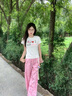 LDBE撞色格子彎刀休閑褲女2025新款秋季設(shè)計(jì)感寬松闊腿褲高腰垂感拖地 粉色 XL 曬單實(shí)拍圖