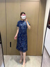 100桑蠶絲高級香云紗6A級真絲絕美旗袍女新中式26姆米連衣裙 復(fù)古藍花 M （105-115） 曬單實拍圖