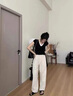 哈魯?shù)隙绦鋞恤女2025夏季新款v領(lǐng)短袖女寬松顯瘦設(shè)計感小飛袖假兩件上衣 黑色 L (100-115斤） 曬單實拍圖