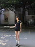 櫻桃刺繡撞色學(xué)院風(fēng)翻領(lǐng)短袖t恤女夏季2025新款修身顯瘦潮流上衣 藏青色 M 曬單實(shí)拍圖