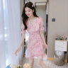 蔻伊婭（Kouyiya）高端品牌女裝新品復古粉色收腰連衣裙女裝氣質(zhì)名媛修身v領(lǐng)雪紡裙 粉紅色 S 曬單實(shí)拍圖