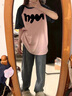 妙奕嘉短袖t恤女純棉高端洋氣潮流顯瘦遮肚子女士夏季衣服新款上衣半袖 黑粉插肩波浪符短袖 L 【建議95-125斤】 曬單實(shí)拍圖