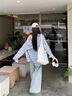 魯雅爾韓系藍色格子襯衫女夏季慵懶風(fēng)休閑防曬衣小個子顯瘦長袖開衫外套 藍色格子 M 曬單實拍圖
