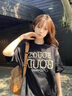 純棉珍珠釘珠潮流短袖t恤女夏季2025新款寬松美式復(fù)古黑色上衣服 黑色 M 曬單實(shí)拍圖