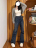 JAVC2025年新款春夏溫柔系穿搭女韓版針織開衫背心牛仔闊腿褲三件套裝 灰色罩衫+背心+牛仔褲【三件套】 M 【90-105斤】 曬單實(shí)拍圖