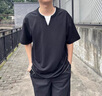 海上公路肌理感假兩件V領(lǐng)短袖T恤男士夏季撞色寬松休閑通勤上衣服 黑色 XL 曬單實(shí)拍圖