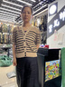 哥弟真的好（GIRDEAR）女裝條紋拼色V領(lǐng)泡泡短袖針織開衫女A400898 卡其 L (4碼) 曬單實拍圖