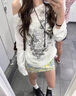 樂卡利辣妹長袖t恤女復古美式輕亞風印花針織罩衫慵懶風寬松上衣ins 辣妹長袖罩衫【白色M】 86-100斤 曬單實拍圖