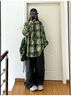 QGF 綠色扎染格子襯衫男士女高級感vintage痞帥長(cháng)袖衣服美式情侶外套 綠格 XL [建議110-130斤] 曬單實(shí)拍圖