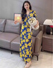 蔻伊婭（Kouyiya）品牌女裝新品復(fù)古碎花連衣裙女裝2025夏季收腰氣質(zhì)V領(lǐng)開叉長(zhǎng)裙女 深藍(lán)底黃花 S 曬單實(shí)拍圖