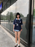 LDBE美式復(fù)古小狗刺繡假兩件短袖t恤女夏季新款學(xué)院風(fēng)polo領(lǐng)拼接上衣 藏青色 M 曬單實(shí)拍圖