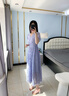 顏域v領(lǐng)蕾絲連衣裙女夏裝2025新款輕熟風(fēng)收腰顯瘦短袖鏤空長裙子 紫色 XL 曬單實拍圖