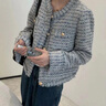 歌芭杉品牌女裝重工小香風外套女2025早秋新款毛邊金屬扣洋氣高級感上衣 淺藍夾白 M 曬單實拍圖