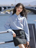 佐敘學生風藍色條紋襯衫外套女蝴蝶結(jié)刺繡夏秋兩季慵懶風休閑寬松上衣 藍色 M （85-110斤） 曬單實拍圖