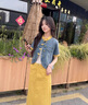 拉夏貝爾（La Chapelle）黃色設(shè)計(jì)感拼接牛仔套裝裙女2025夏季小個(gè)子洋氣減齡半身裙兩件套 牛仔藍(lán)黃色 M 115斤內(nèi) 曬單實(shí)拍圖