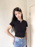 山朵棉小高領短袖t恤女2025新款白色純棉打底衫修身顯瘦內搭短款上衣服 黑色 S 曬單實拍圖