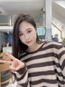 NICOLEJOLIE100%純棉2025夏季新款女針織T恤衫條紋寬松毛衣圓領(lǐng)長袖拼色上衣 咖色 JXSDY-BM859 L 曬單實(shí)拍圖