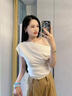 多菲尼森 法式不規則高級感白色斜肩短袖T恤女夏季設計感小眾修身露肩上衣 露肩收腰短袖白色 L 【100-110斤】 曬單實(shí)拍圖