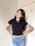 山朵棉小高領短袖t恤女2025新款白色純棉打底衫修身顯瘦內搭短款上衣服 黑色 S 曬單實拍圖