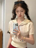 若盼韓系復(fù)古學(xué)院風(fēng)針織衫波點T恤上衣女夏季新款甜美愛心海軍領(lǐng)短袖 杏色版 M 建議95-105斤 曬單實拍圖