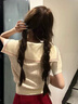 若盼韓系復(fù)古學(xué)院風(fēng)針織衫波點T恤上衣女夏季新款甜美愛心海軍領(lǐng)短袖 杏色版 M 建議95-105斤 曬單實拍圖