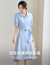 尚都比拉通勤V領(lǐng)A字連衣裙女夏季收腰顯瘦襯衫裙休閑中長裙 藍(lán)色  XL  曬單實(shí)拍圖