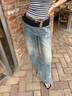 付智恩 丹寧浮影 復古時(shí)髦水洗激光印花層次感隨性顯瘦微喇牛仔褲2024 做舊藍 M 曬單實(shí)拍圖