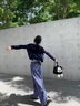 燦圖慵懶風(fēng)格子休閑褲女夏季新款小個(gè)子高腰寬松闊腿褲子百搭直筒長褲 藏藍(lán)色 M 曬單實(shí)拍圖