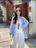 韓璐嬌（hanlujiao）休閑褲女裝夏季2025新款搭配一整套茶系減齡時尚穿搭三件套裝褲子 藍色襯衫+白色短袖+白色褲子 M 【98-108斤】 曬單實拍圖