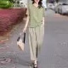 衣典零一（LEDIALYI）時(shí)尚減齡氣質(zhì)高級感棉麻兩件套裝女2025夏季女裝新款休閑九分褲子 綠色+淺駝 XL （建議122-132斤） 曬單實(shí)拍圖