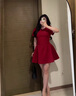 GARNUO紅色短袖連衣裙女夏季法式千金訂婚禮服小個(gè)子收腰顯瘦紅裙子短裙 紅色【短袖短款】 L 【111-120斤】 曬單實(shí)拍圖