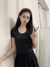 嫻柔2025新款黑色莫代爾t恤女短袖修身薄款冰絲低領(lǐng)大領(lǐng)口緊身上衣 黑色【莫代爾-圓領(lǐng)】 XXL 建議(125-140斤) 曬單實(shí)拍圖