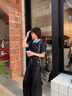 韓系復(fù)古假兩件正肩潮流短袖t恤女夏季拼接格紋寬松學(xué)院風(fēng)上衣服 深藍(lán)色 M 曬單實(shí)拍圖