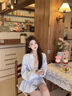 閃動(dòng)少女（SHANDONGSHAONV）風(fēng)格子短款長(cháng)袖襯衫疊穿蕾絲邊吊帶背心高腰半身裙褲套裝 藍色吊帶 S 曬單實(shí)拍圖