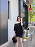 ICH MODE美式復(fù)古漏肩短袖T恤女2025年夏新款寬松設(shè)計(jì)感斜肩上衣男 黑色 M 曬單實(shí)拍圖