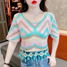 皮爾卡丹（pierre cardin）波西米亞風(fēng)刺繡鏤空設(shè)計(jì)感冰絲針織衫女夏民族風(fēng)流蘇鉤花短袖上衣 湖藍(lán)色 均碼 80-120斤 曬單實(shí)拍圖