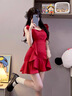 FOX.G新品連衣裙紅色裙子女夏季2025年新款衣服女裝夏裝小個子氣質(zhì)女裙 復(fù)古蕩領(lǐng)系帶荷葉邊紅裙 L 曬單實拍圖