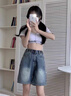 OLDER SEA高腰五分牛仔短褲女夏季2025年新款顯瘦百搭a字5分休閑潮流中褲子 懷舊藍 XS 曬單實(shí)拍圖