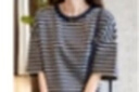 德瑪納（dme）【條紋寬松棉t】2025夏季新款圓領(lǐng)落肩打底衫短袖上衣女裝t恤衫 暗藍 2XL 曬單實拍圖