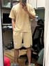 啄木鳥韓版短袖T恤男士冰絲套裝夏季潮流復(fù)古短褲寬松休閑上衣運(yùn)動一套 駝色 XL 曬單實拍圖