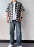 杰雷諾美式復古重磅格子襯衫男短袖夏季潮牌日系寬松純棉襯衣薄款外套男 藍格 L 適合125-145斤 曬單實(shí)拍圖