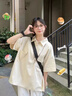 PMOG日系少年感運動套裝女夏學生韓版寬松襯衫短袖長褲休閑兩件套ins 米白上衣+卡其長褲 【棉質(zhì)兩件套 L 【建議101-115斤】 曬單實拍圖