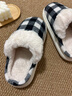 樸西冬季格紋復古保暖室內女棉拖鞋厚底居家防滑舒絨棉內里情侶棉拖男 黑白格 42-43 曬單實(shí)拍圖