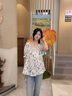香影方領(lǐng)碎花上衣女2025夏裝新款純棉娃娃衫短袖寬松鎖骨綠色小衫 綠花 S 155/80A/85-95斤 曬單實(shí)拍圖