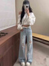 憶思減蕾絲鏤空破洞闊腿牛仔褲女夏秋季薄款2025新款燙鉆窄版高腰直筒褲 淺藍色-長褲 M 建議95-105斤 曬單實拍圖