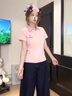 LDBE甜美粉色翻領(lǐng)短袖t恤女夏季新款格子拼接修身設(shè)計感百搭顯瘦上衣 粉色 XL 【110-120斤】 曬單實拍圖