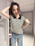 哈夫朵大碼女裝胖妹妹夏裝顯瘦套裝女微胖穿搭休閑時(shí)尚短袖t恤牛仔褲女 L304條紋上衣 【單件】 3XL 【建議145-160斤】 曬單實(shí)拍圖